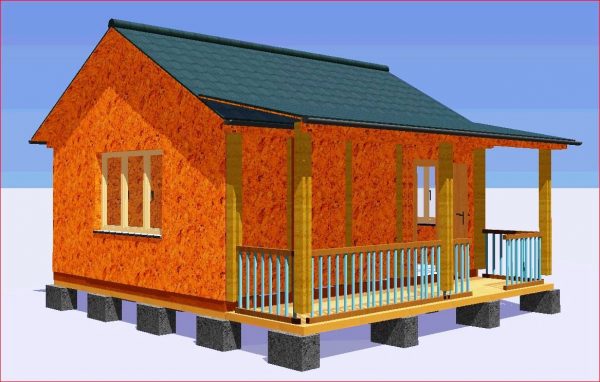 Каркасный дачный домик с боковой террасой на удлиненной стороне дома