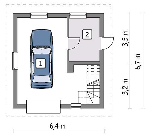 Примерный план каркасного гаража с подсобным помещением